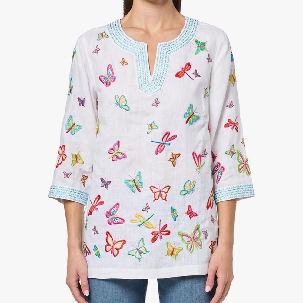 John Mark White Tunic with Multicolor Butterfly Embroidery and Aqua Trim - Picture 3 of 10